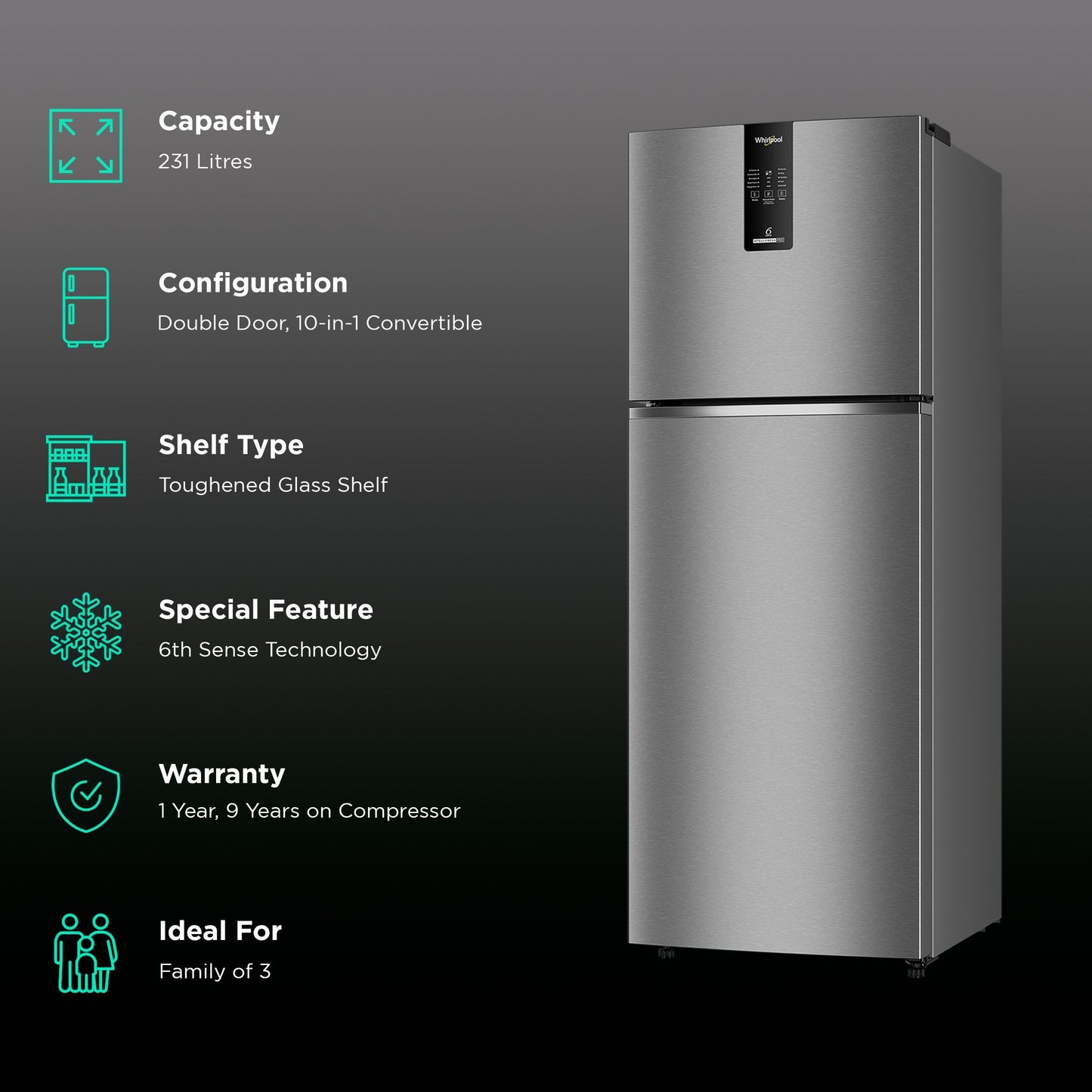 Whirlpool Intellifresh Pro 278 235 Litres 2 Star Frost Free Double Door Convertible Refrigerator with 6th Sense Technology (Grey)