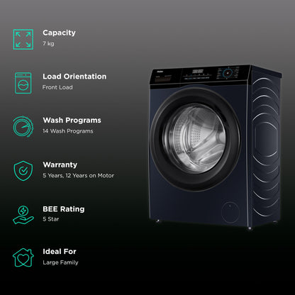 Haier 7 kg 5 Star Inverter Fully Automatic Front Load Washing Machine (HW70-IM12929BKU1, Anti Bacterial Technology, Black)