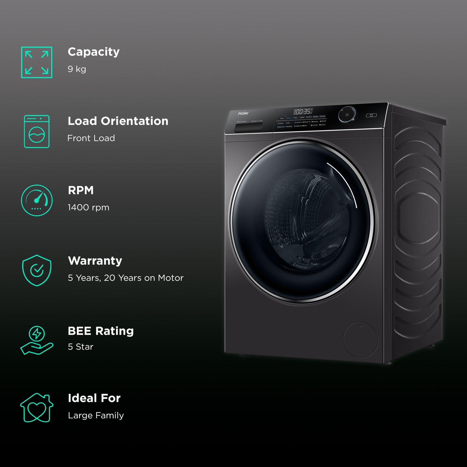 Haier 9 kg Fully Automatic Front Load Washing Machine (HW90-DM14959CS8U1, Direct Motion Motor, Dark Jade Silver)