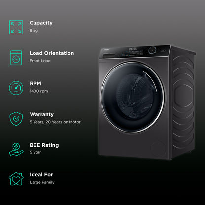 Haier 9 kg Fully Automatic Front Load Washing Machine (HW90-DM14959CS8U1, Direct Motion Motor, Dark Jade Silver)