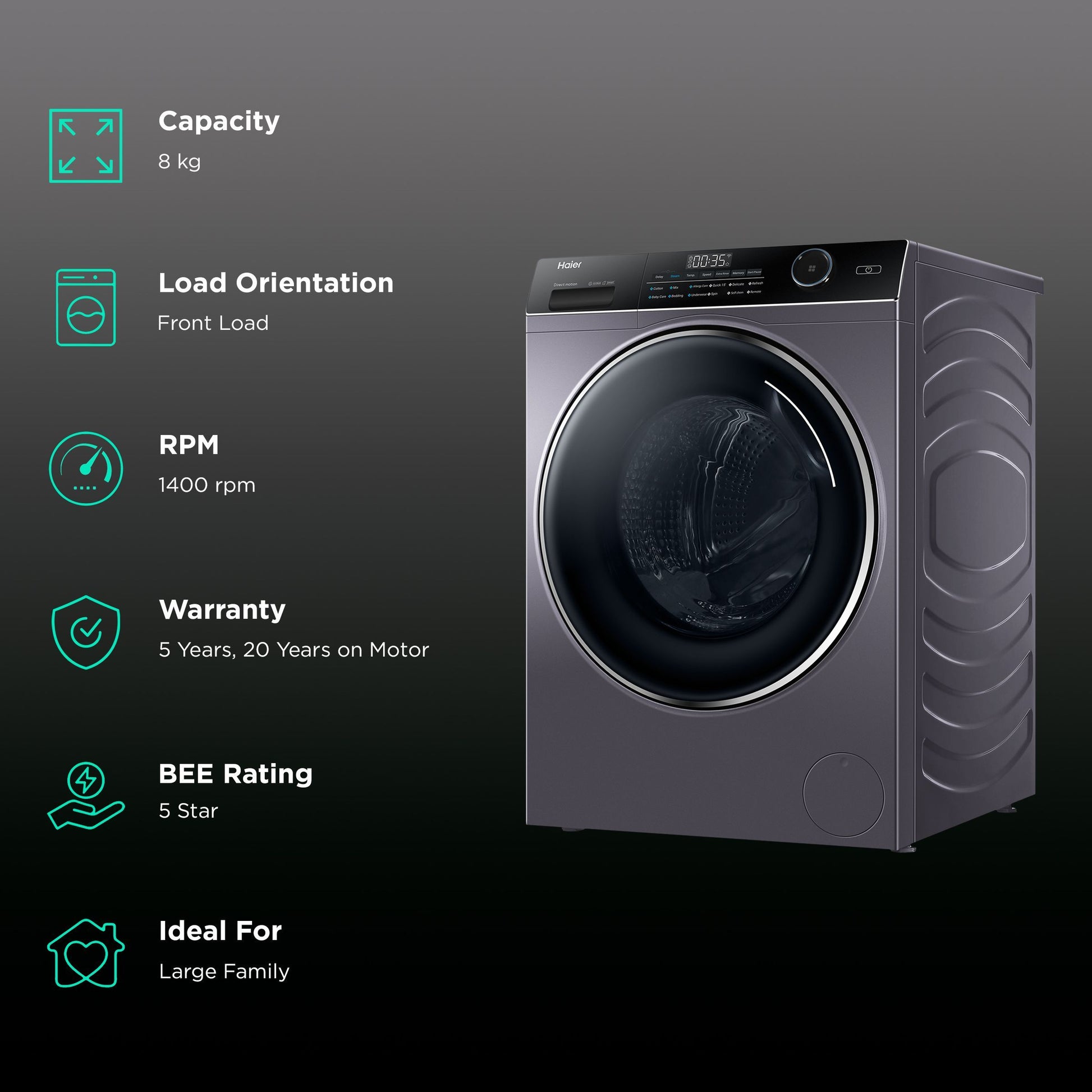 Haier 8 kg Fully Automatic Front Load Washing Machine (HW80-DM14959CS6U1, Direct Motion Motor, Starry Silver)