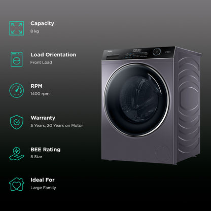 Haier 8 kg Fully Automatic Front Load Washing Machine (HW80-DM14959CS6U1, Direct Motion Motor, Starry Silver)