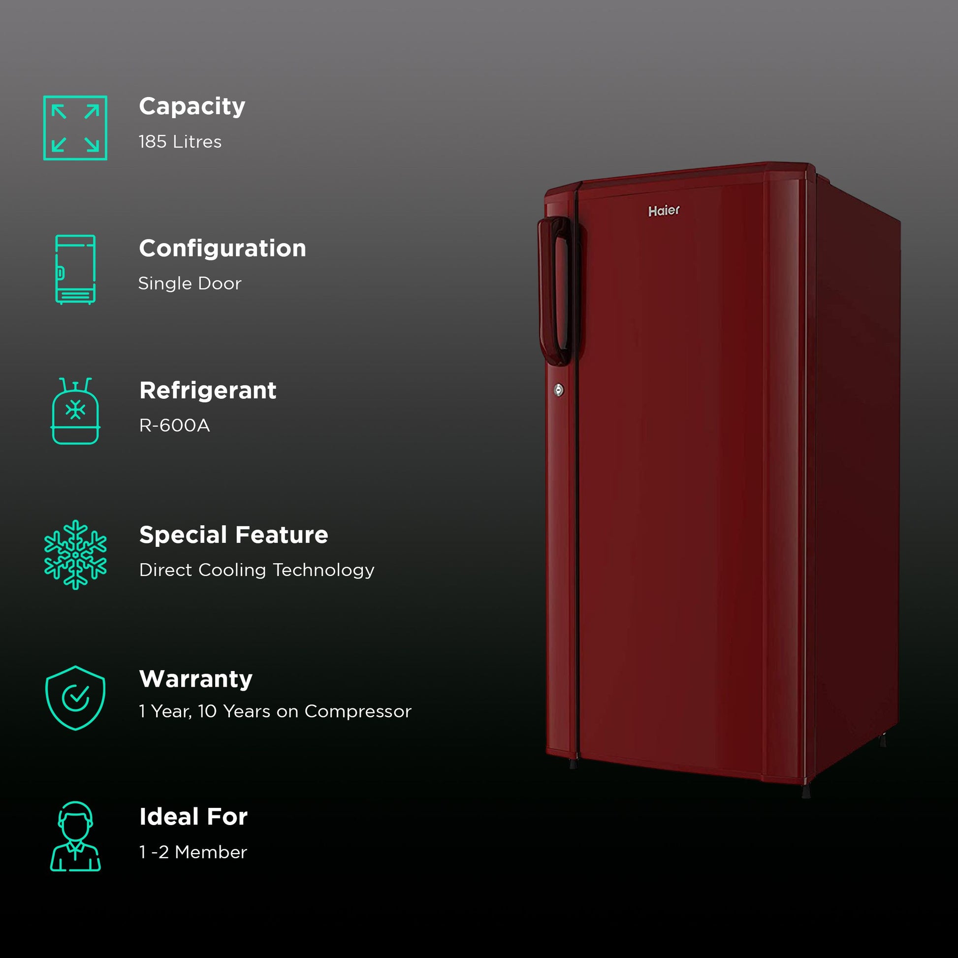Haier 185 Litres 2 Star Direct Cool Single Door Refrigerator with Antibacterial Gasket (HED-192RS-P, Red Steel)