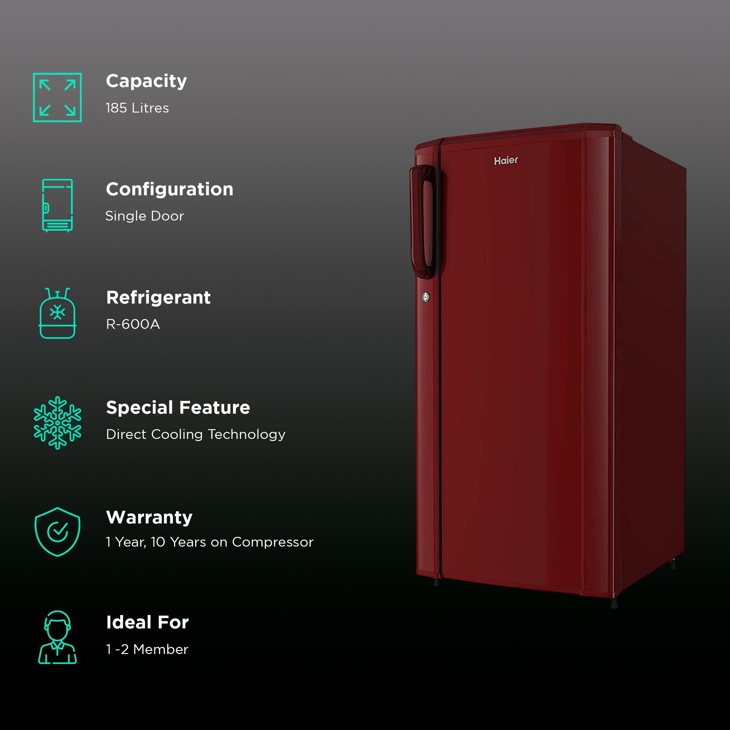 Haier 185 Litres 2 Star Direct Cool Single Door Refrigerator with Antibacterial Gasket (HED-192RS-P, Red Steel)