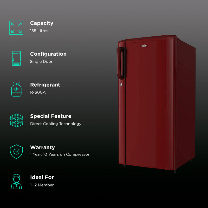 Haier 185 Litres 2 Star Direct Cool Single Door Refrigerator with Antibacterial Gasket (HED-192RS-P, Red Steel)