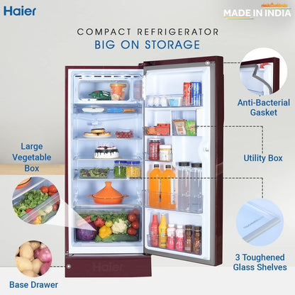 Haier 190 Litres 3 Star Direct Cool Single Door Refrigerator with Antibacterial Gasket (HED-203RFB-P, Red Opal)