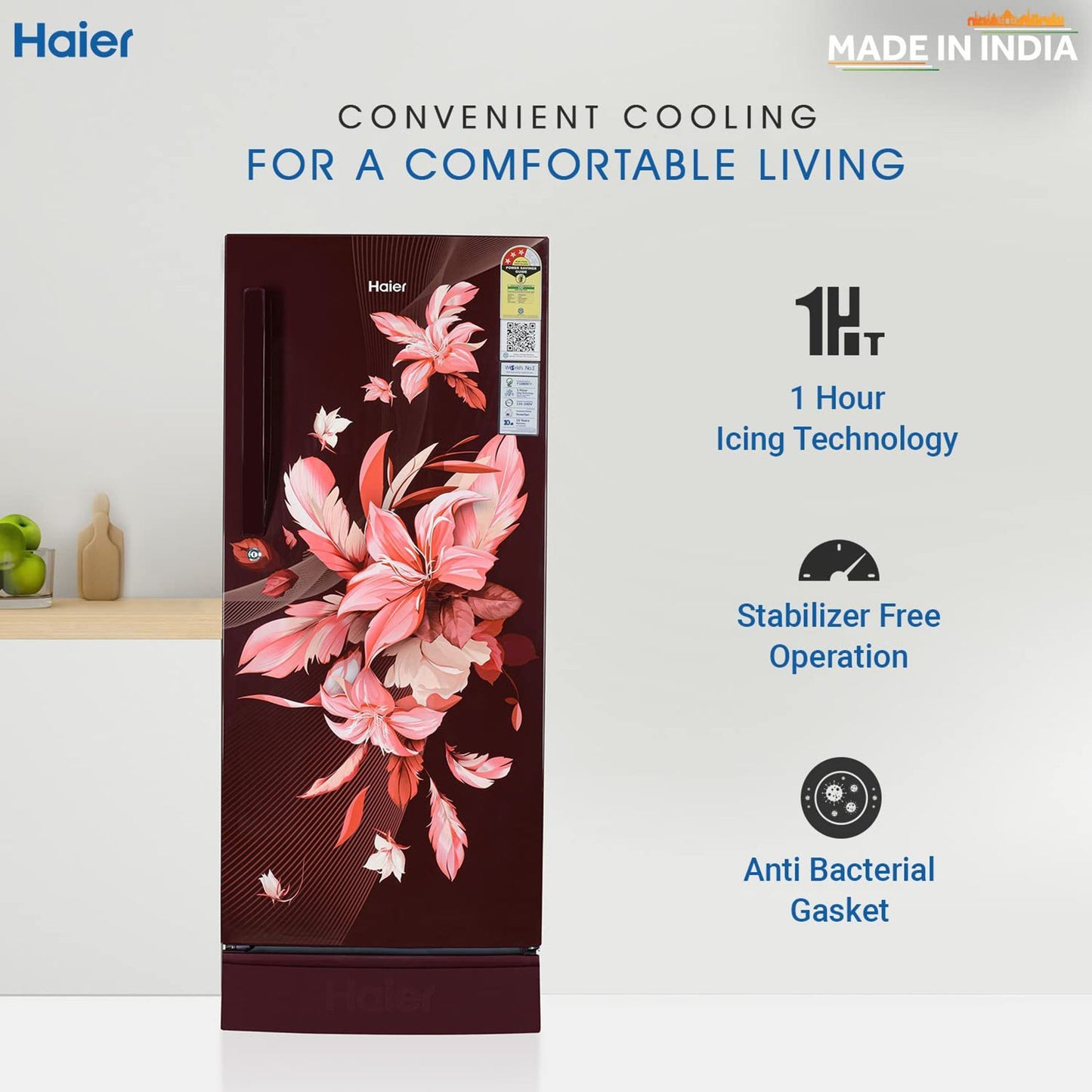 Haier 190 Litres 3 Star Direct Cool Single Door Refrigerator with Antibacterial Gasket (HED-203RFB-P, Red Opal)