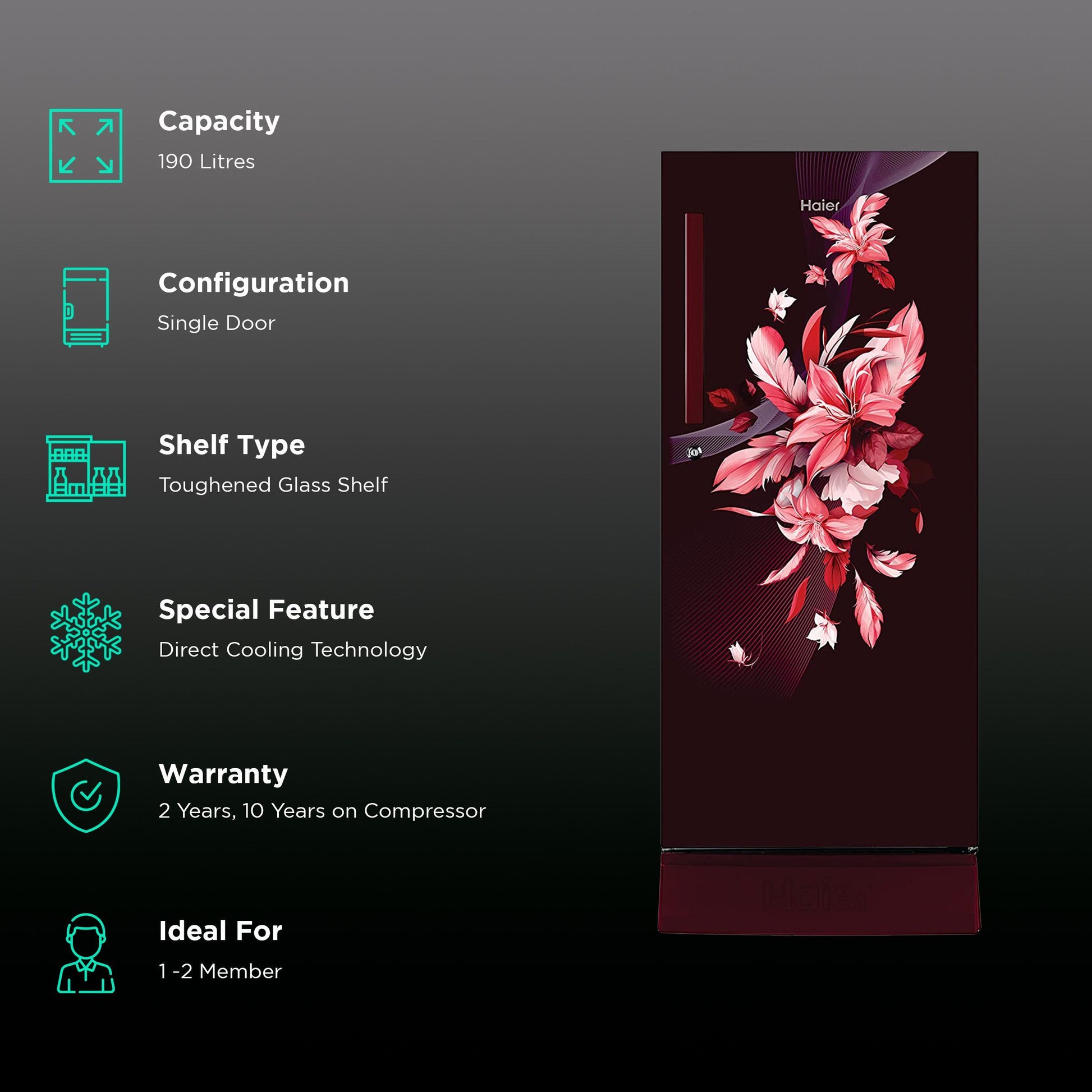 Haier 190 Litres 3 Star Direct Cool Single Door Refrigerator with Antibacterial Gasket (HED-203RFB-P, Red Opal)