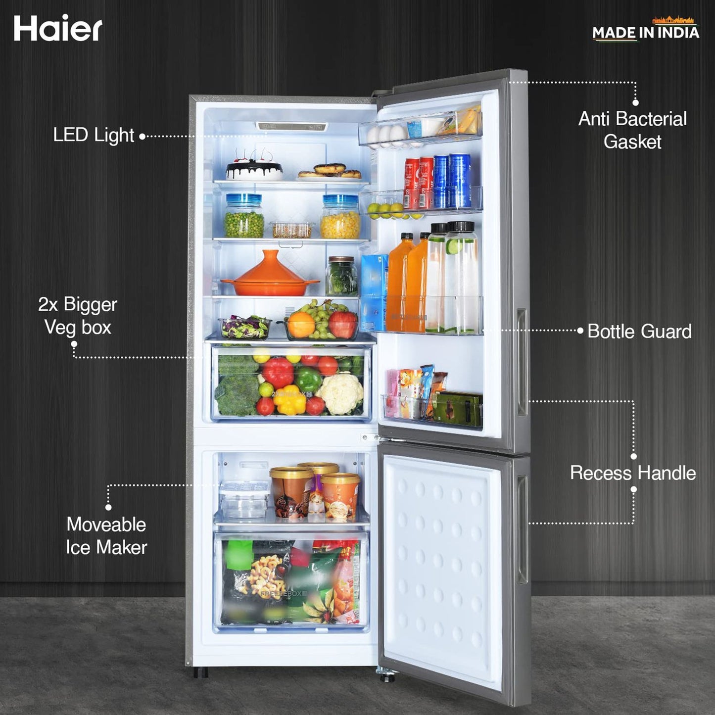 Haier 237 Litres 2 Star Frost Free Double Door Bottom Mount Convertible Refrigerator with Anti-bacterial Gasket (HEB-242GS-P, Moon Silver)