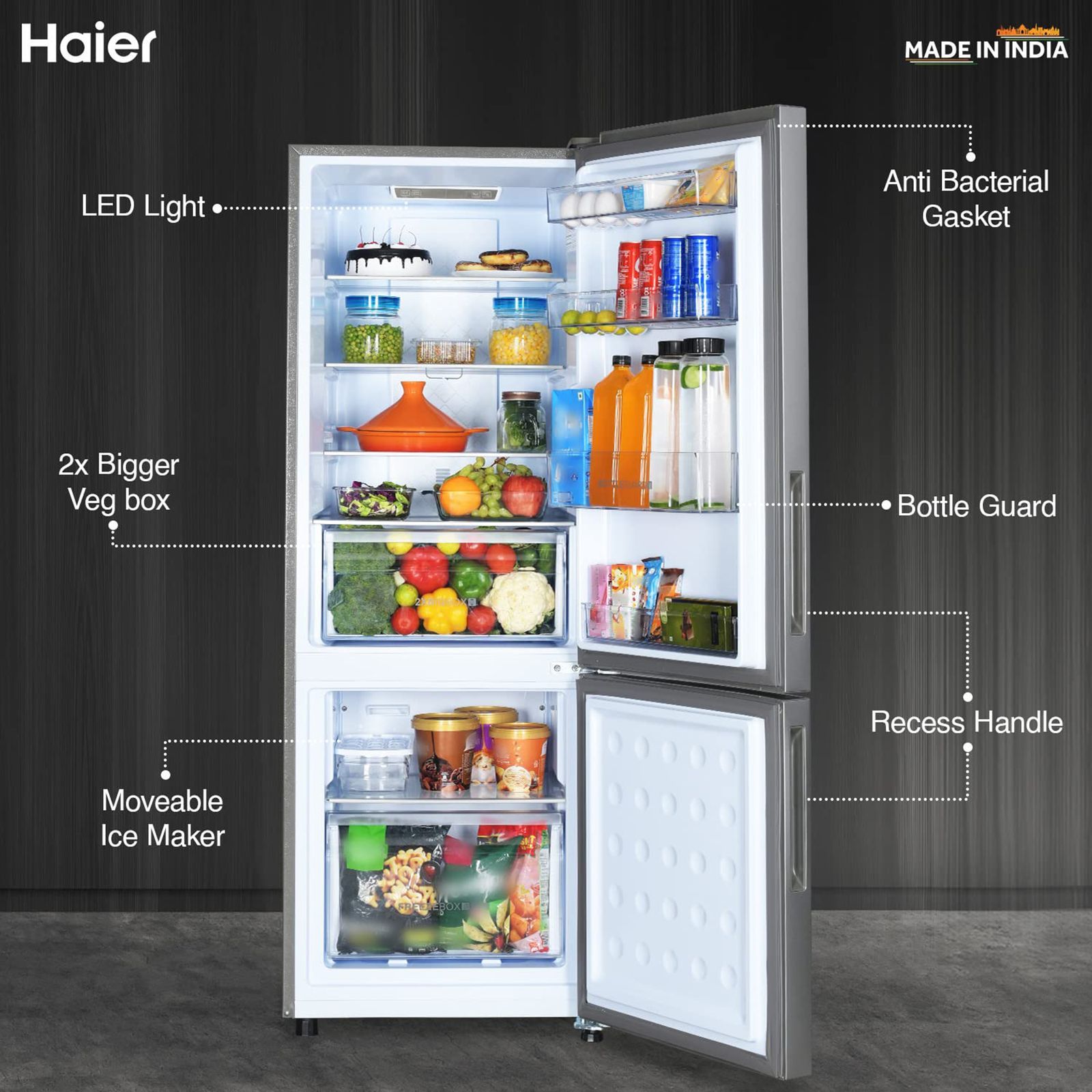 Haier 237 Litres 2 Star Frost Free Double Door Bottom Mount Convertible Refrigerator with Anti-bacterial Gasket (HEB-242GS-P, Moon Silver)