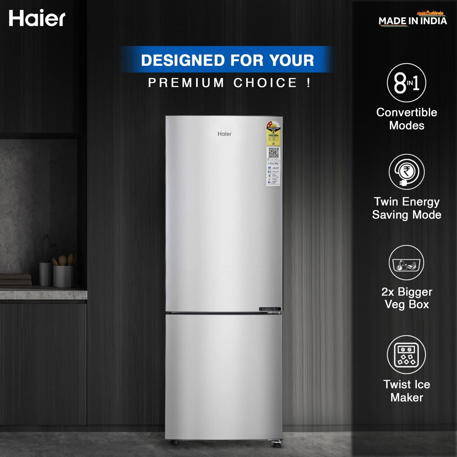 Haier 237 Litres 2 Star Frost Free Double Door Bottom Mount Convertible Refrigerator with Anti-bacterial Gasket (HEB-242GS-P, Moon Silver)