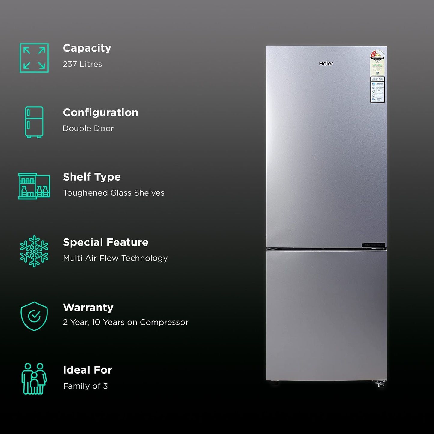 Haier 237 Litres 2 Star Frost Free Double Door Bottom Mount Convertible Refrigerator with Anti-bacterial Gasket (HEB-242GS-P, Moon Silver)