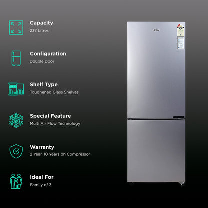 Haier 237 Litres 2 Star Frost Free Double Door Bottom Mount Convertible Refrigerator with Anti-bacterial Gasket (HEB-242GS-P, Moon Silver)
