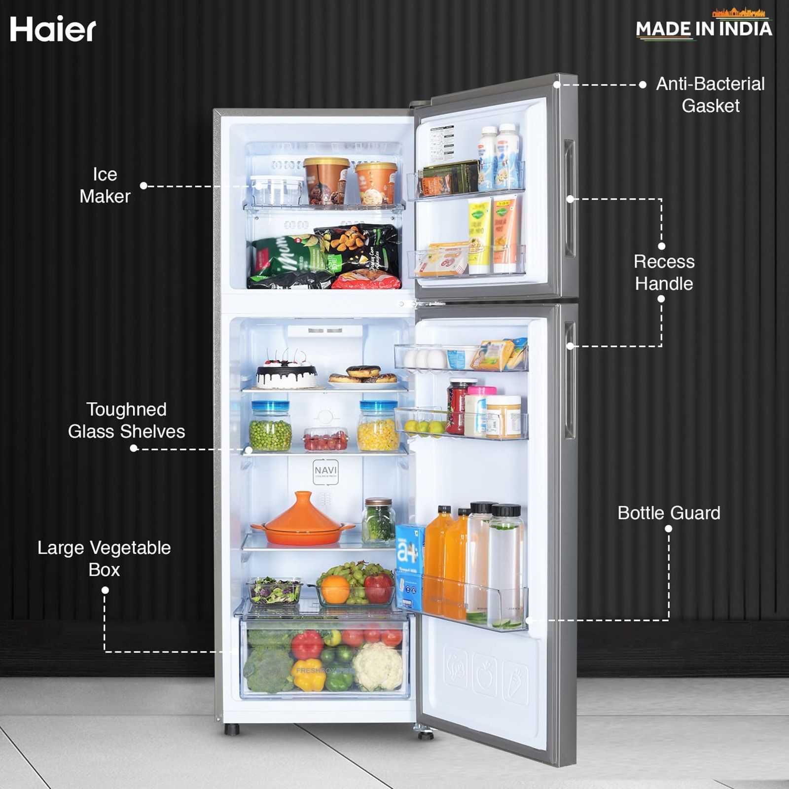 Haier 240 Litres 2 Star Frost Free Double Door Refrigerator with Anti-bacterial Gasket (HEF-252EGS-P, Moon Silver)