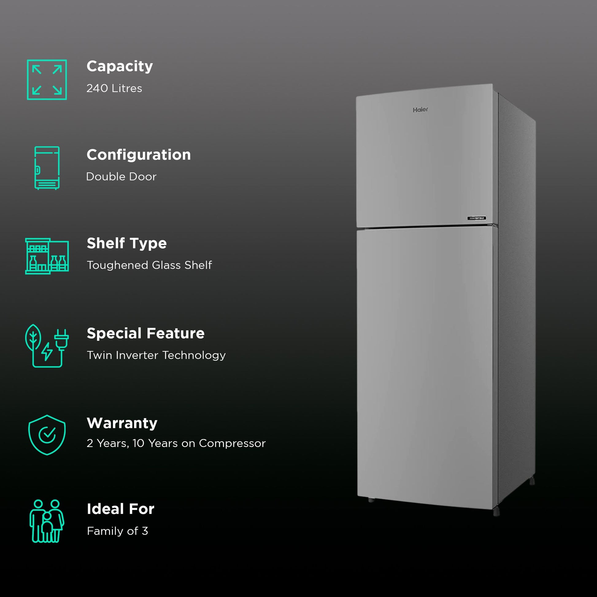 Haier 240 Litres 2 Star Frost Free Double Door Refrigerator with Anti-bacterial Gasket (HEF-252EGS-P, Moon Silver)