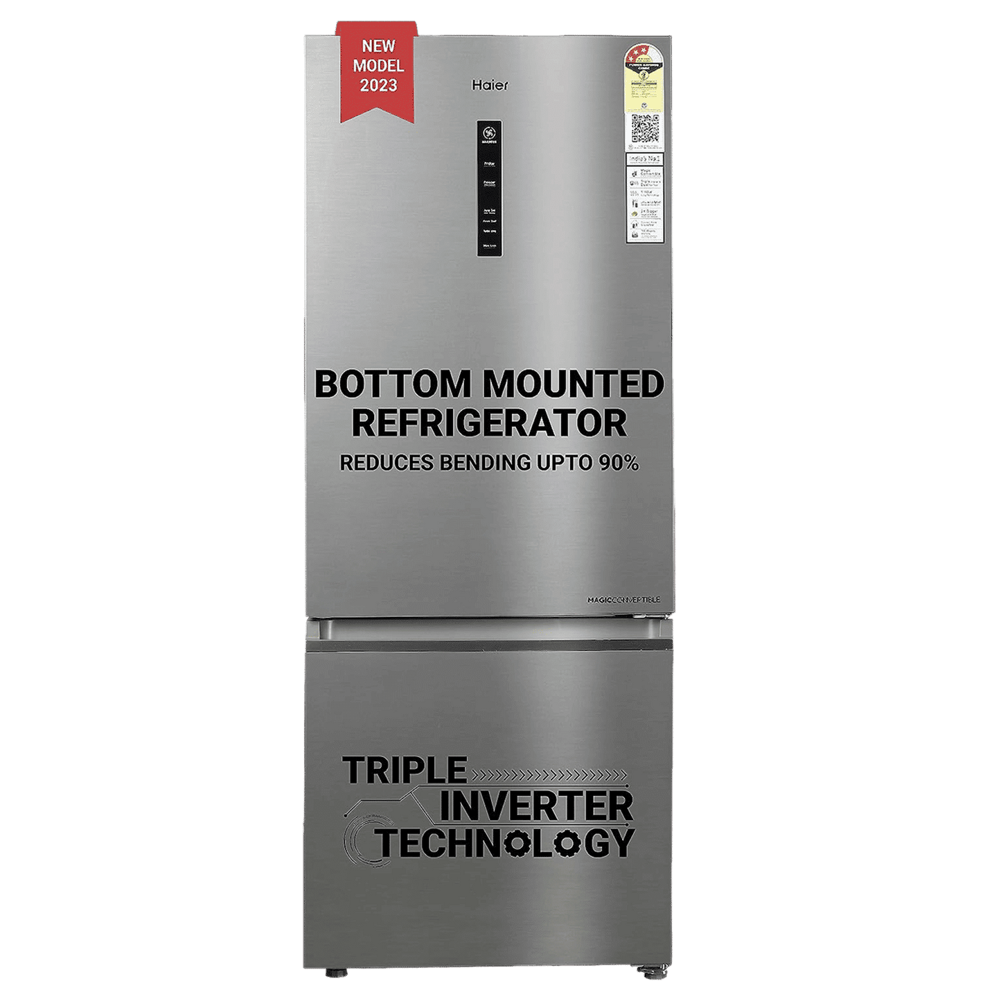 Haier 325 Litres 3 Star Frost Free Double Door Bottom Mount Convertible Refrigerator with Antibacterial Gasket (HEB-333DS-P, Dazzle Steel)