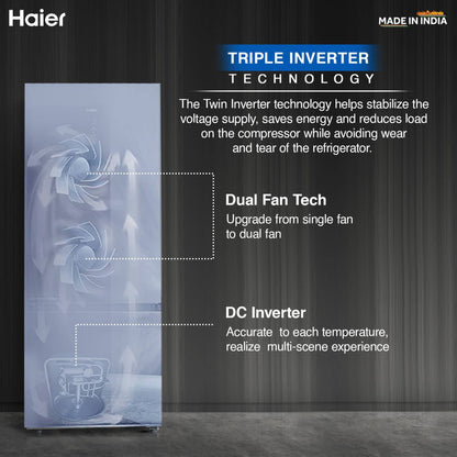Haier 325 Litres 3 Star Frost Free Double Door Bottom Mount Convertible Refrigerator with Antibacterial Gasket (HEB-333DS-P, Dazzle Steel)
