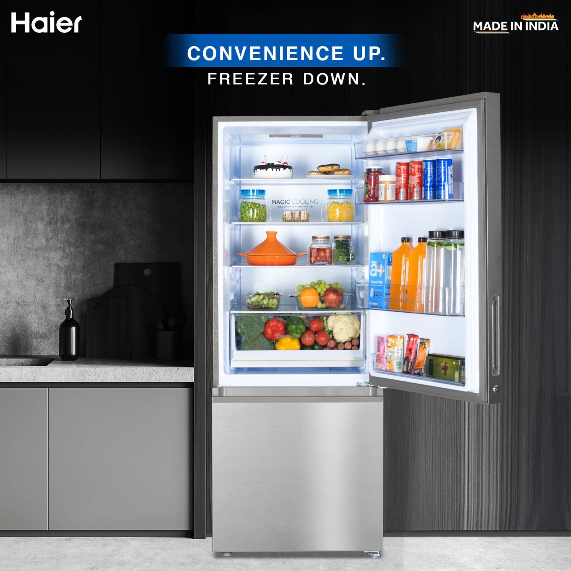Haier 325 Litres 3 Star Frost Free Double Door Bottom Mount Convertible Refrigerator with Antibacterial Gasket (HEB-333DS-P, Dazzle Steel)