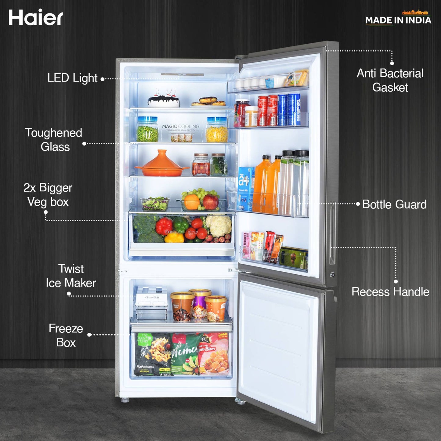 Haier 325 Litres 3 Star Frost Free Double Door Bottom Mount Convertible Refrigerator with Antibacterial Gasket (HEB-333DS-P, Dazzle Steel)