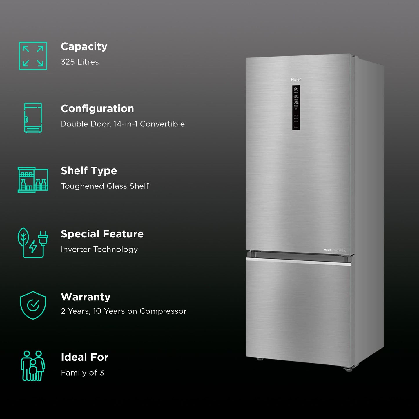 Haier 325 Litres 3 Star Frost Free Double Door Bottom Mount Convertible Refrigerator with Antibacterial Gasket (HEB-333DS-P, Dazzle Steel)