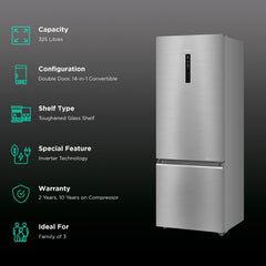 Haier 325 Litres 3 Star Frost Free Double Door Bottom Mount Convertible Refrigerator with Antibacterial Gasket (HEB-333DS-P, Dazzle Steel)