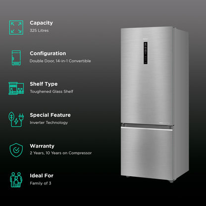 Haier 325 Litres 3 Star Frost Free Double Door Bottom Mount Convertible Refrigerator with Antibacterial Gasket (HEB-333DS-P, Dazzle Steel)