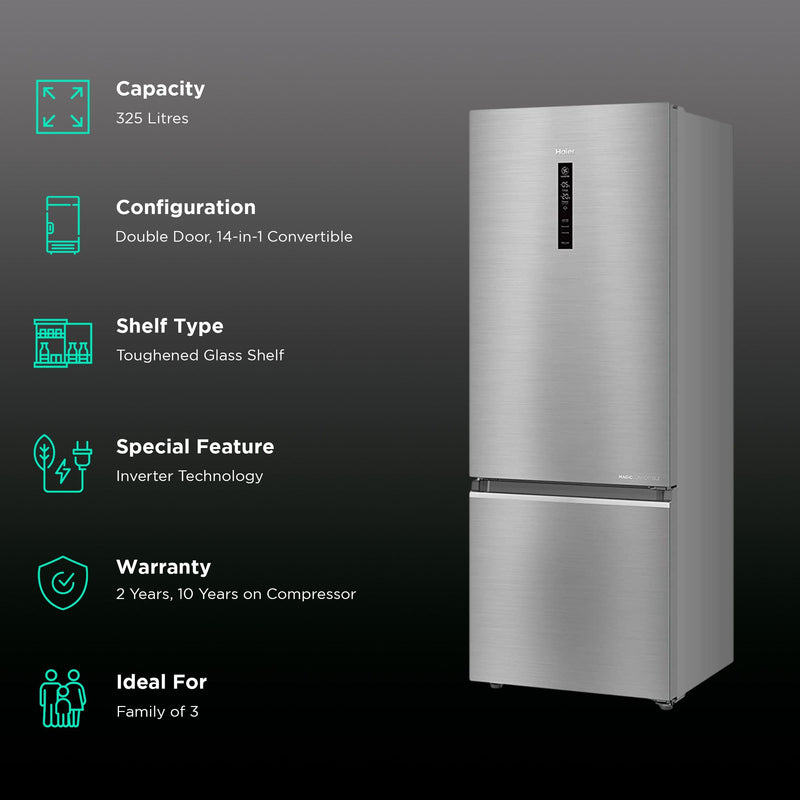 Haier 325 Litres 3 Star Frost Free Double Door Bottom Mount Convertible Refrigerator with Antibacterial Gasket (HEB-333DS-P, Dazzle Steel)