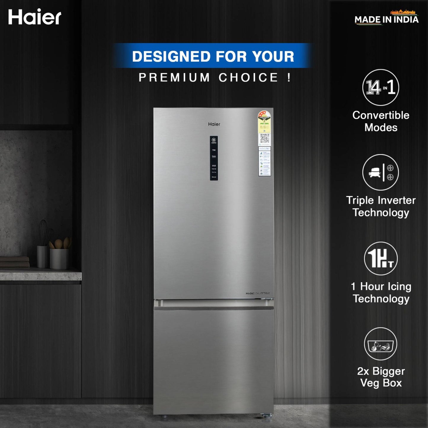 Haier 325 Litres 3 Star Frost Free Double Door Bottom Mount Convertible Refrigerator with Antibacterial Gasket (HEB-333DS-P, Dazzle Steel)