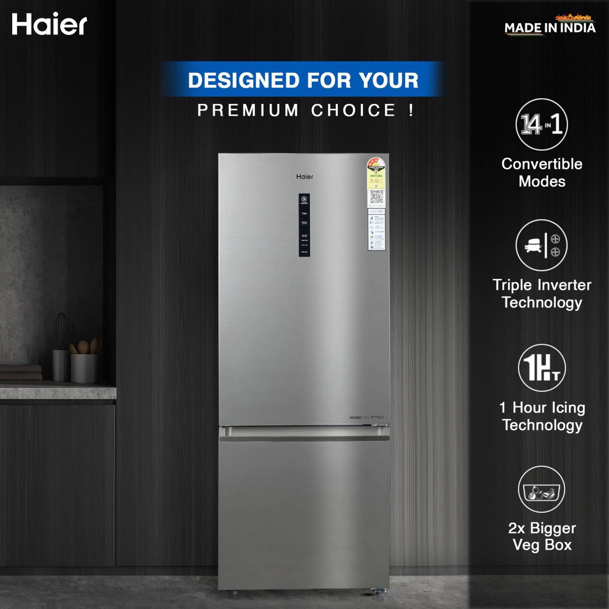 Haier 325 Litres 3 Star Frost Free Double Door Bottom Mount Convertible Refrigerator with Antibacterial Gasket (HEB-333DS-P, Dazzle Steel)