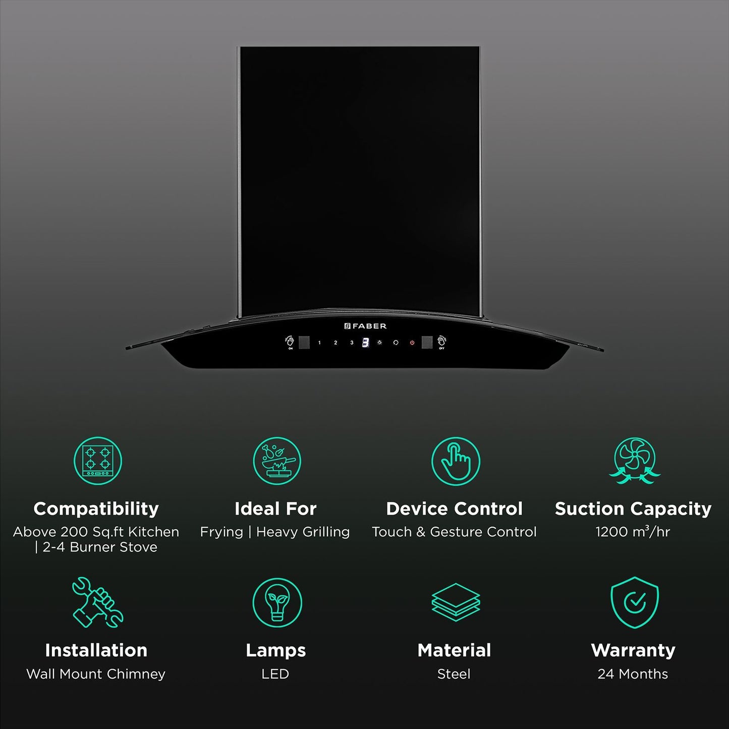 FABER SUNNY IN HC SC FL LG 60cm 1200m3/hr Ducted Auto Clean Wall Mounted Chimney with Touch & Gesture Control (Black)