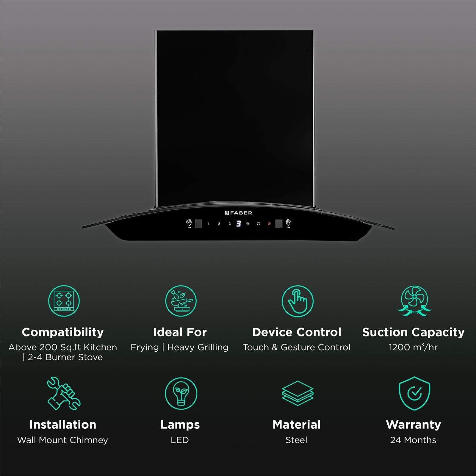 FABER SUNNY IN HC SC FL LG 60cm 1200m3/hr Ducted Auto Clean Wall Mounted Chimney with Touch & Gesture Control (Black)