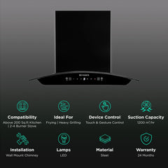 FABER SUNNY IN HC SC FL LG 60cm 1200m3/hr Ducted Auto Clean Wall Mounted Chimney with Touch & Gesture Control (Black)