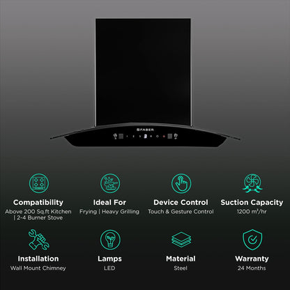 FABER SUNNY IN HC SC FL LG 60cm 1200m3/hr Ducted Auto Clean Wall Mounted Chimney with Touch & Gesture Control (Black)