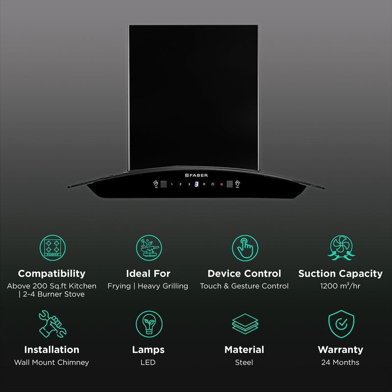FABER SUNNY IN HC SC FL LG 60cm 1200m3/hr Ducted Auto Clean Wall Mounted Chimney with Touch & Gesture Control (Black)
