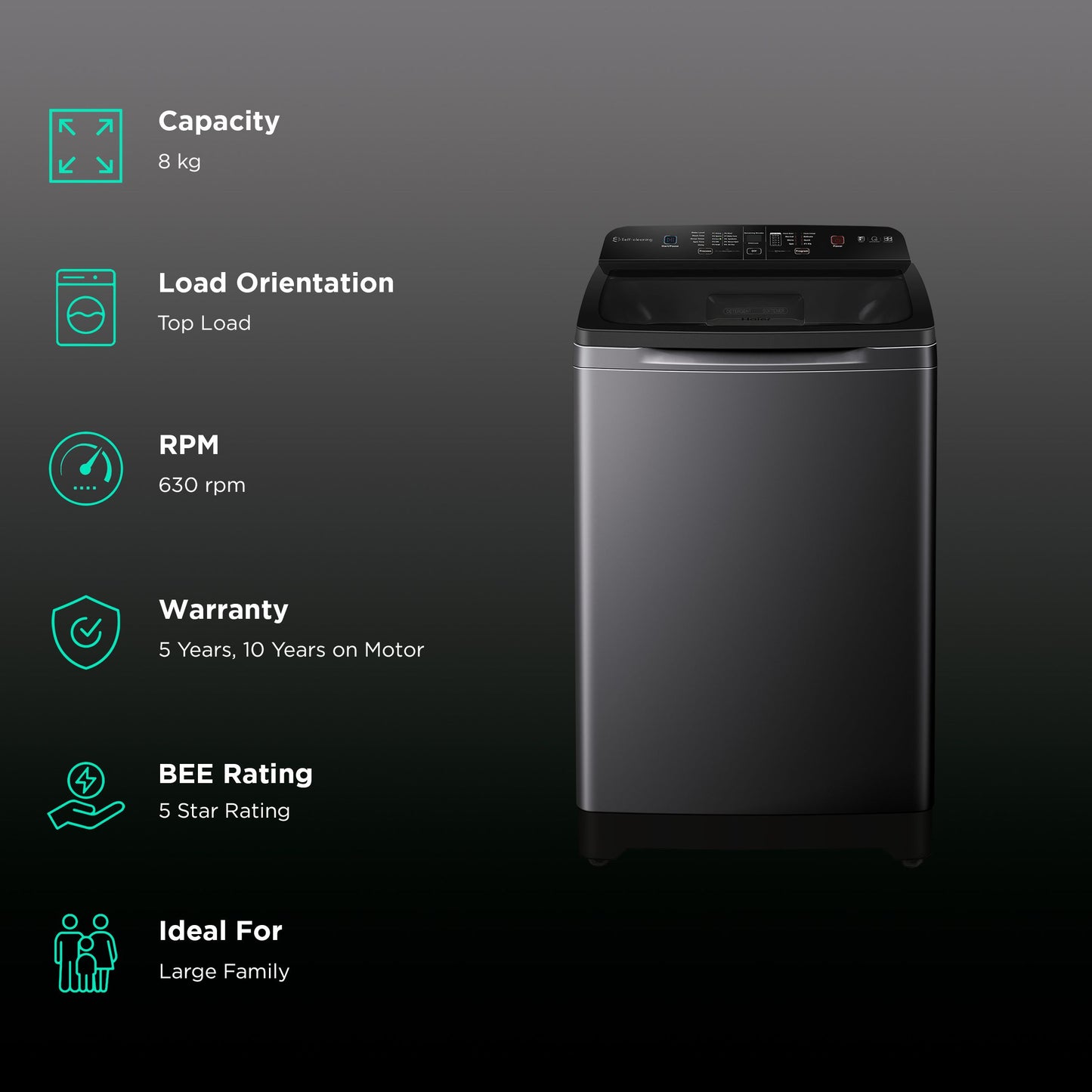 Haier 8 Kg 5 Star Fully Automatic Top Load Washing Machine (HSW80-678ES8NOIDA, Energy Saving, Dark Jade Silver)