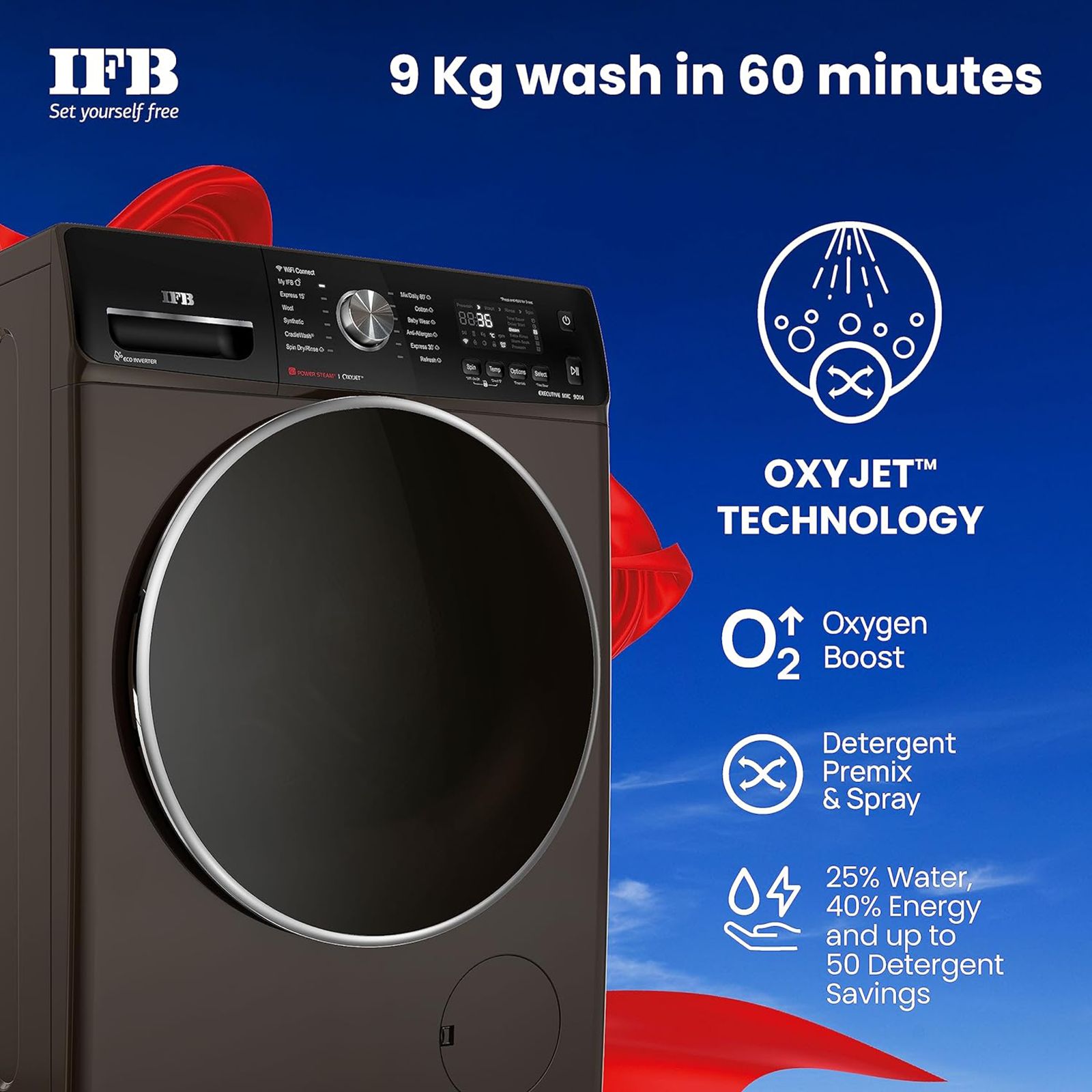 IFB 9 kg 5 Star Inverter Fully Automatic Front Load Washing Machine (Executive MXC, Voice Enabled, Mocha)