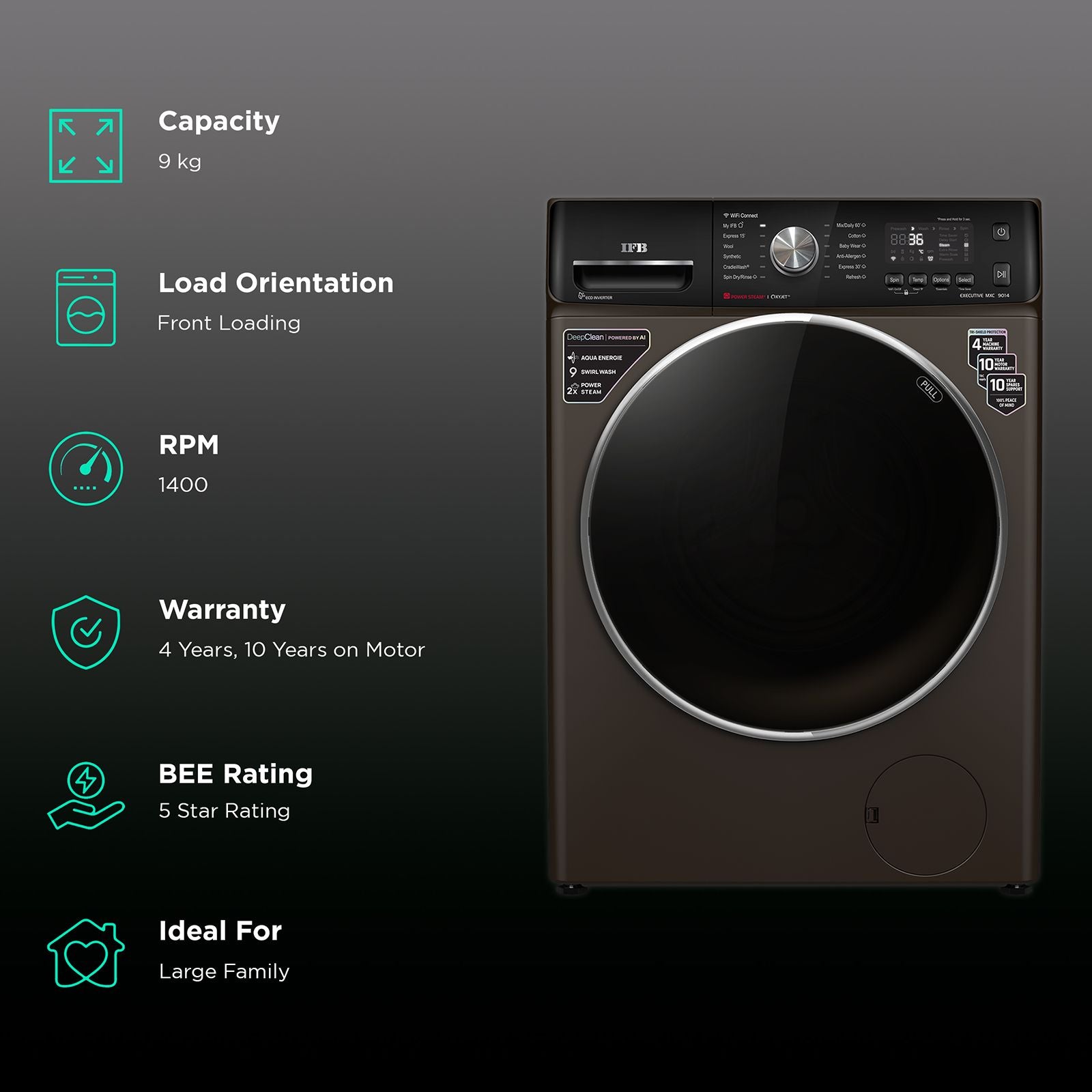 IFB 9 kg 5 Star Inverter Fully Automatic Front Load Washing Machine (Executive MXC, Voice Enabled, Mocha)