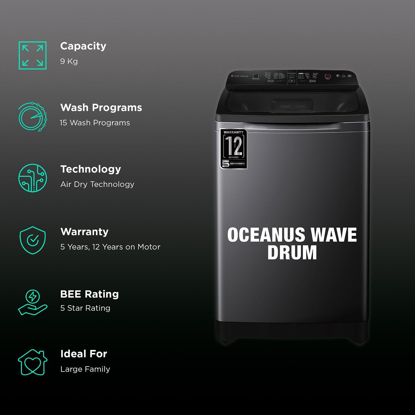 Haier 9 kg 5 Star Fully Automatic Top Load Washing Machine (HSW90-678ES8, Air Dry, Dark Jade Silver)
