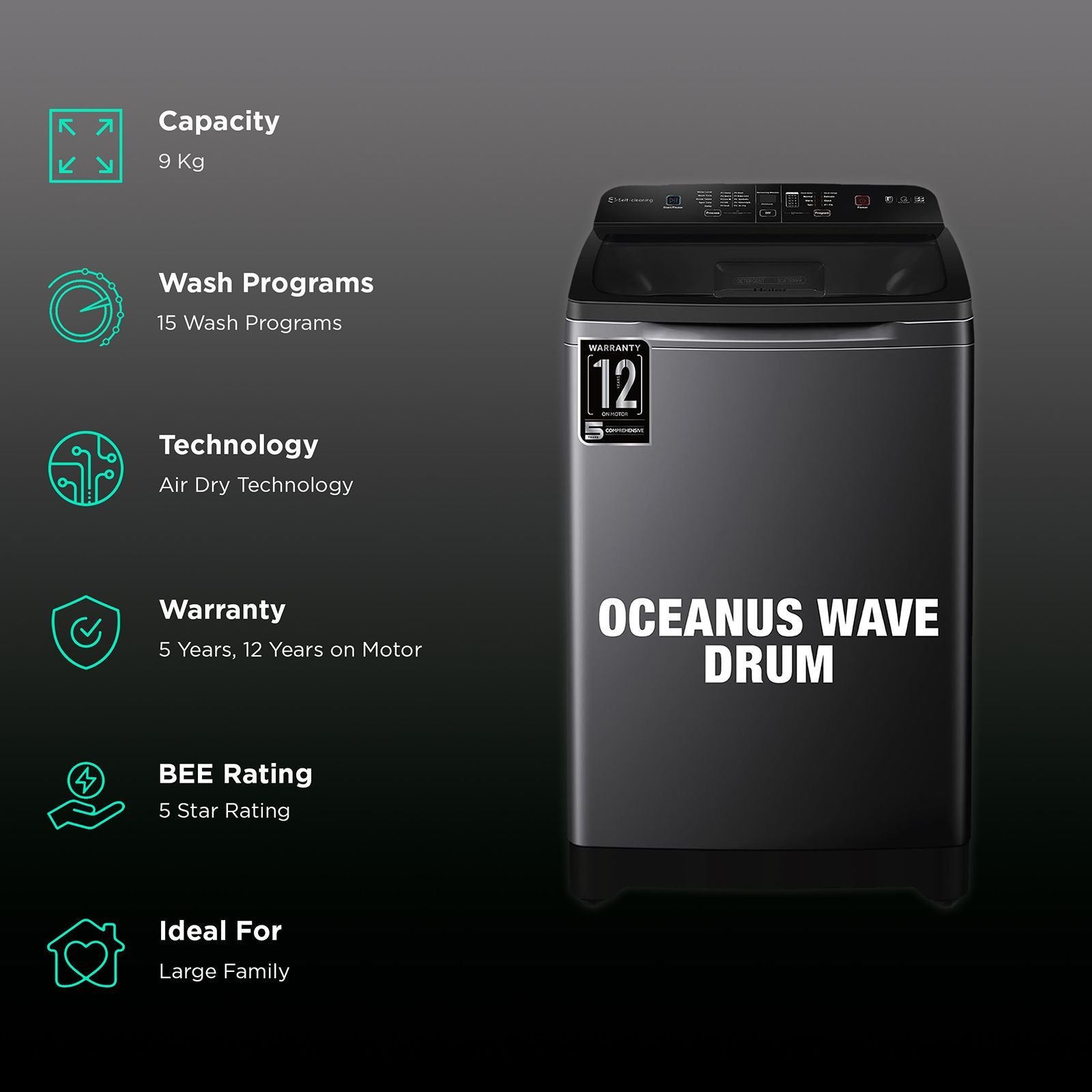 Haier 9 kg 5 Star Fully Automatic Top Load Washing Machine (HSW90-678ES8, Air Dry, Dark Jade Silver)