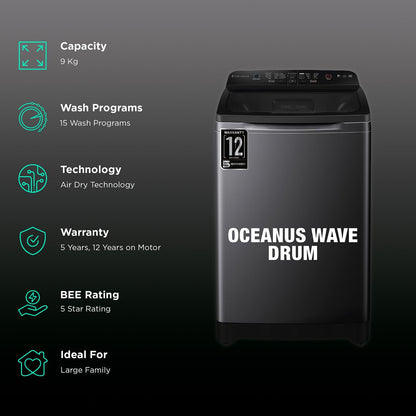 Haier 9 kg 5 Star Fully Automatic Top Load Washing Machine (HSW90-678ES8, Air Dry, Dark Jade Silver)
