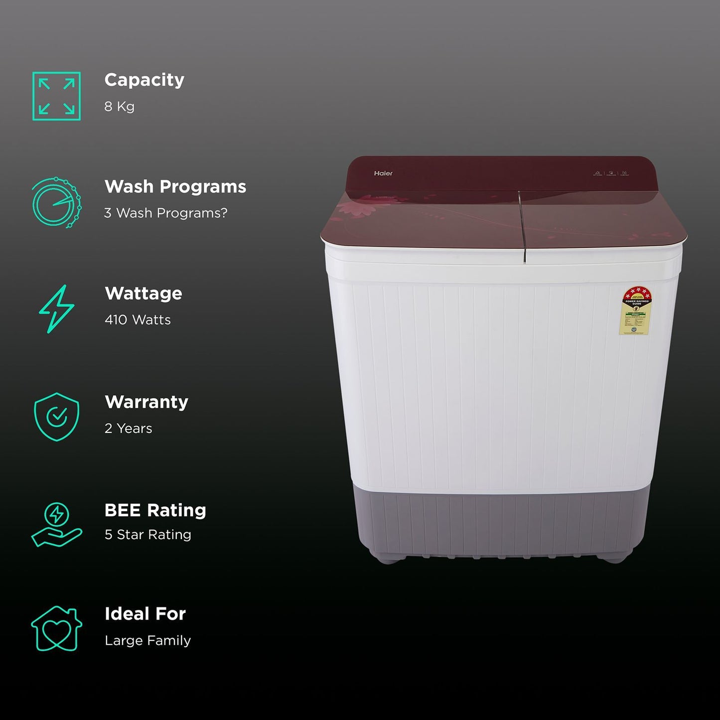 Haier 8 kg 5 Star Semi Automatic Washing Machine with Anti Bacterial Vortex Pulsator (178, HTW80-178, Burgundy with Flower)