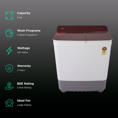 Haier 8 kg 5 Star Semi Automatic Washing Machine with Anti Bacterial Vortex Pulsator (178, HTW80-178, Burgundy with Flower)