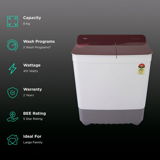 Haier 8 kg 5 Star Semi Automatic Washing Machine with Anti Bacterial Vortex Pulsator (178, HTW80-178, Burgundy with Flower)