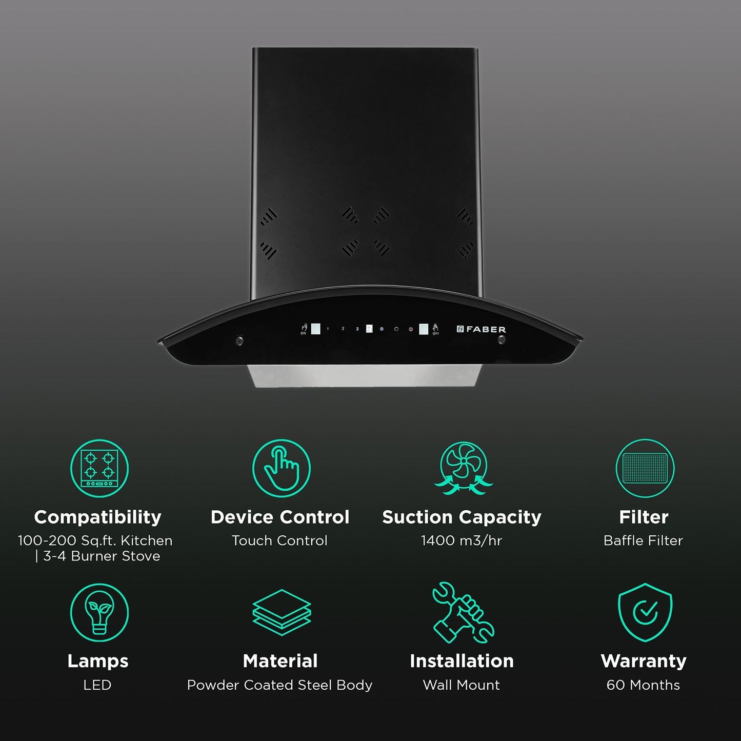 FABER HOOD ELLORA 3D IN HC SC BF BK 60cm 1400m3/hr Ductless Auto Clean Wall Mounted Chimney with Baffle Filter (Black)