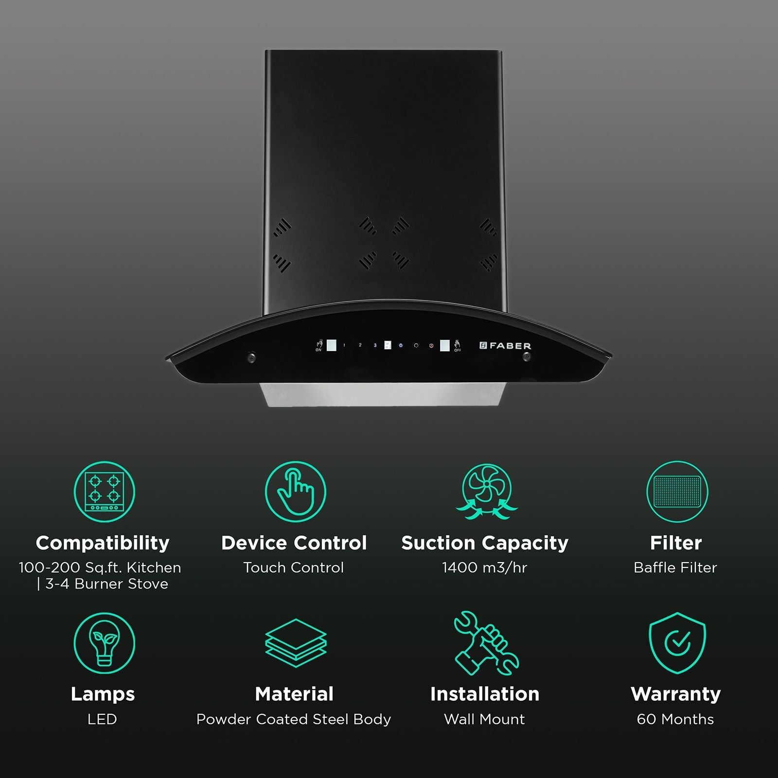 FABER HOOD ELLORA 3D IN HC SC BF BK 60cm 1400m3/hr Ductless Auto Clean Wall Mounted Chimney with Baffle Filter (Black)