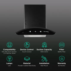 FABER HOOD ELLORA 3D IN HC SC BF BK 60cm 1400m3/hr Ductless Auto Clean Wall Mounted Chimney with Baffle Filter (Black)