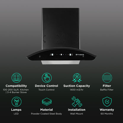 FABER HOOD ELLORA 3D IN HC SC BF BK 60cm 1400m3/hr Ductless Auto Clean Wall Mounted Chimney with Baffle Filter (Black)