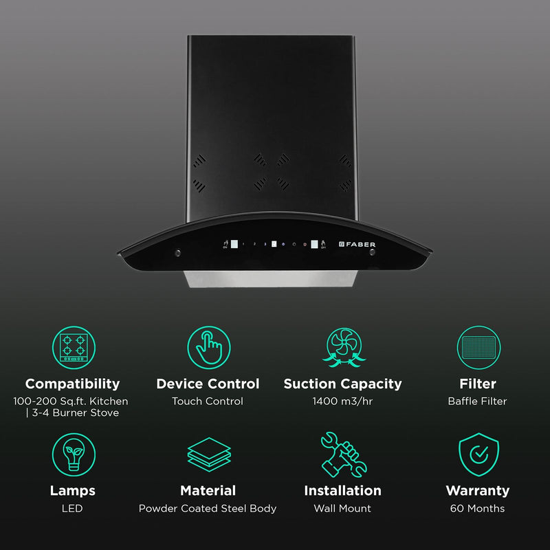 FABER HOOD ELLORA 3D IN HC SC BF BK 60cm 1400m3/hr Ductless Auto Clean Wall Mounted Chimney with Baffle Filter (Black)