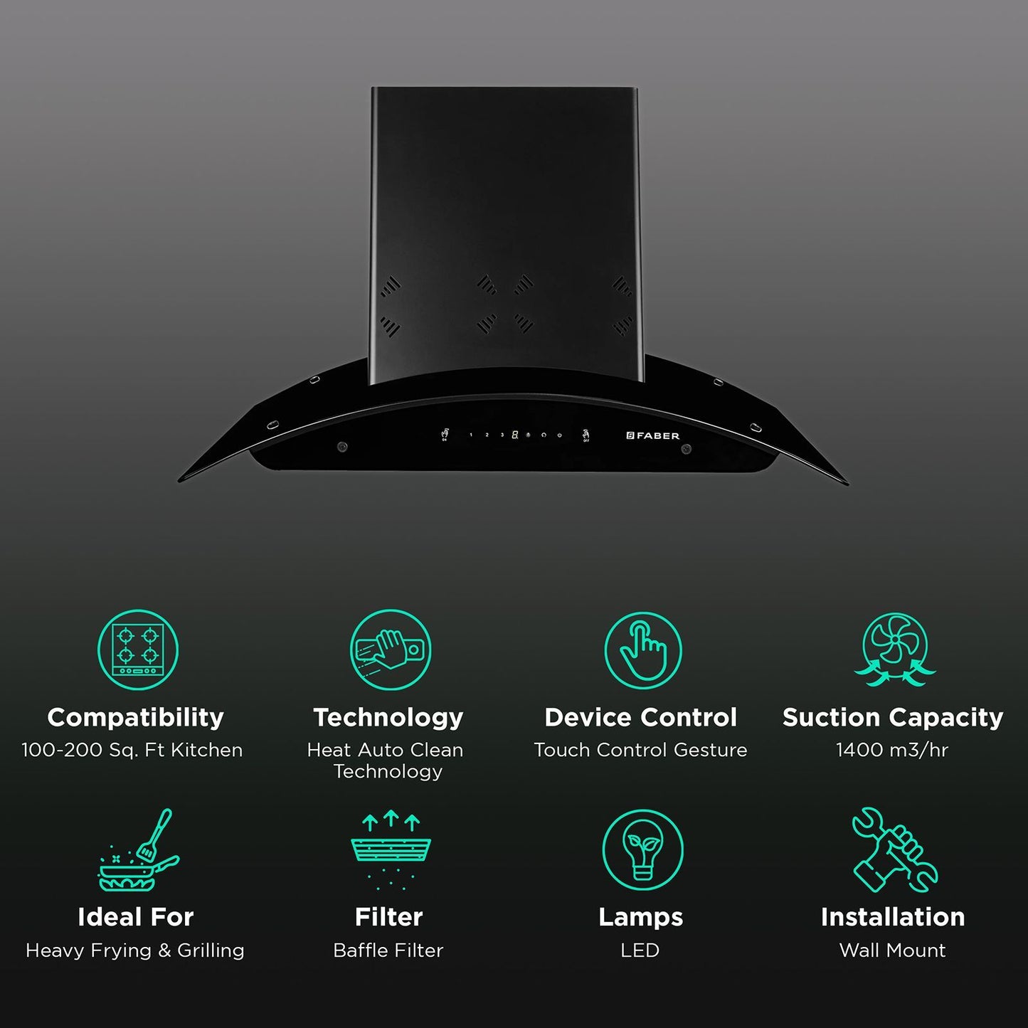 FABER Hood Ellora 3D IN HC SC BF BK 90cm 1400m3/hr Ducted Auto Clean Wall Mounted Chimney with Baffle Filter (Black)