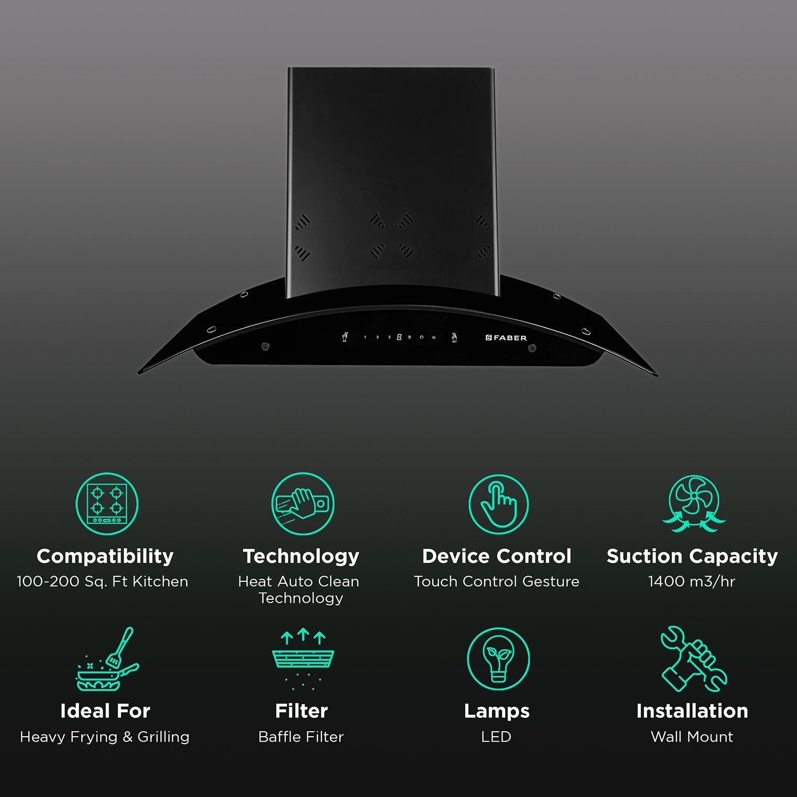 FABER Hood Ellora 3D IN HC SC BF BK 90cm 1400m3/hr Ducted Auto Clean Wall Mounted Chimney with Baffle Filter (Black)
